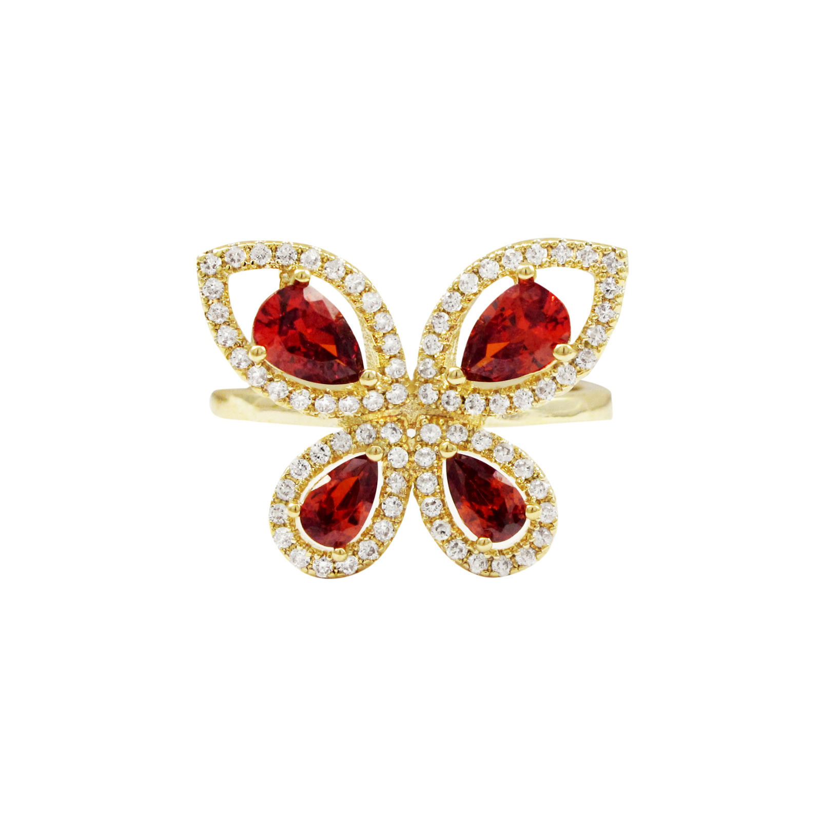 Wholesale Lot Of 50 Gold Plated Butterfly Rings - Garnet Teardrop CZ with White CZ Border - Sizes 5,6,7 And 8 - Suggested Retail Price $20.00 Each - Your Price Is Only $3.00 Each - Image 7