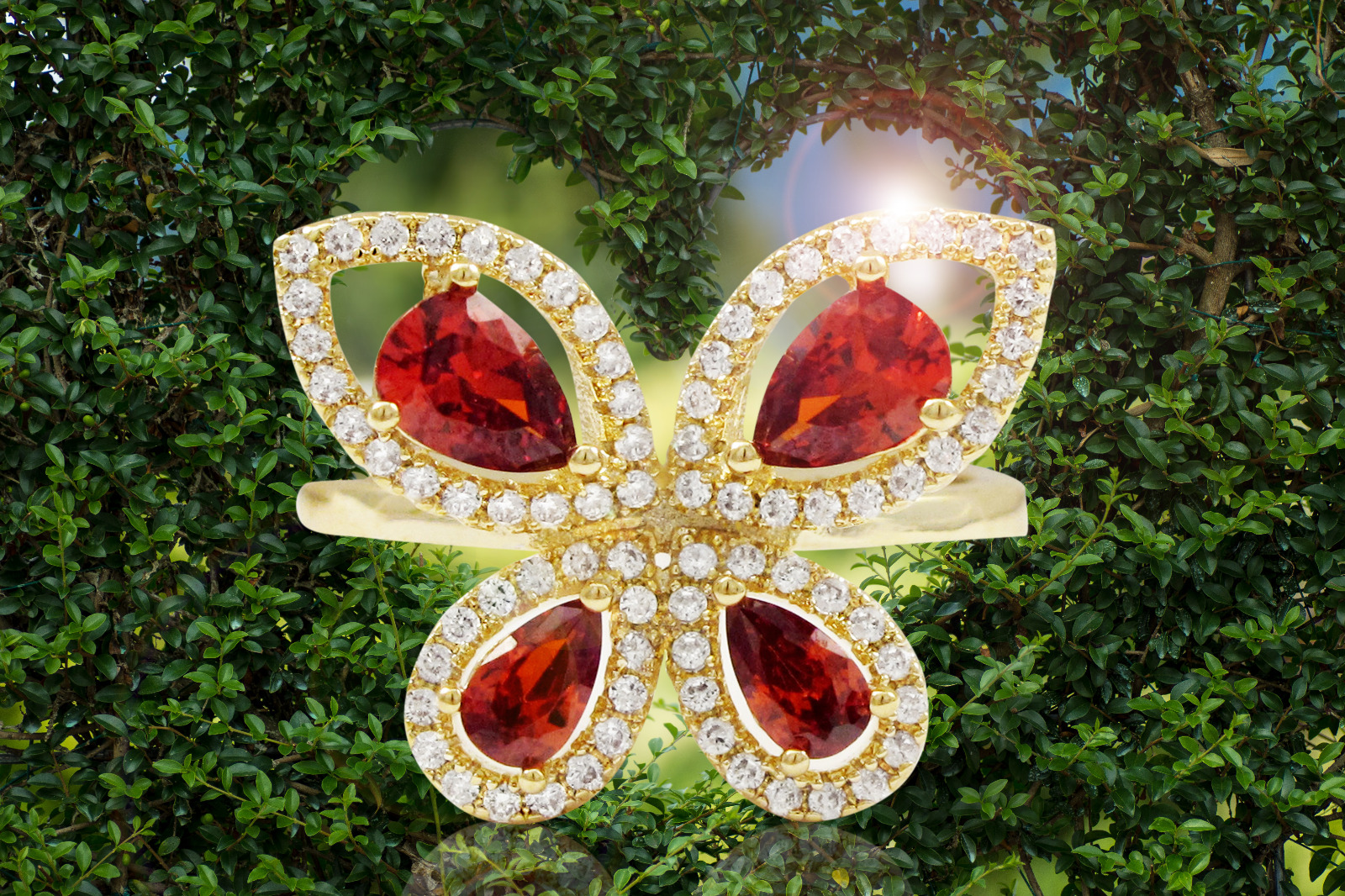 Wholesale Lot Of 50 Gold Plated Butterfly Rings - Garnet Teardrop CZ with White CZ Border - Sizes 5,6,7 And 8 - Suggested Retail Price $20.00 Each - Your Price Is Only $3.00 Each