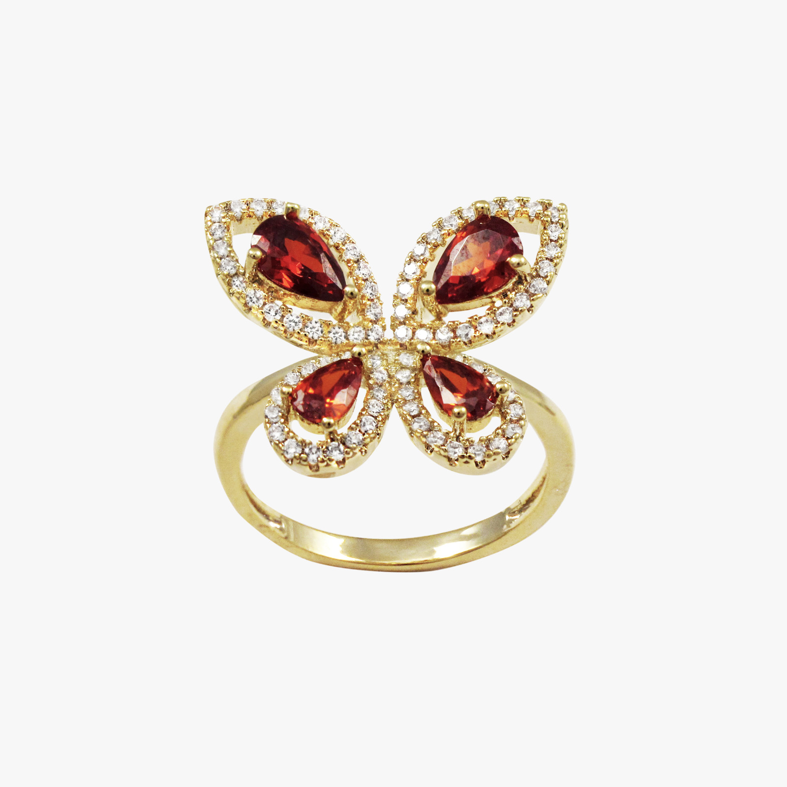 Wholesale Lot Of 50 Gold Plated Butterfly Rings - Garnet Teardrop CZ with White CZ Border - Sizes 5,6,7 And 8 - Suggested Retail Price $20.00 Each - Your Price Is Only $3.00 Each - Image 4