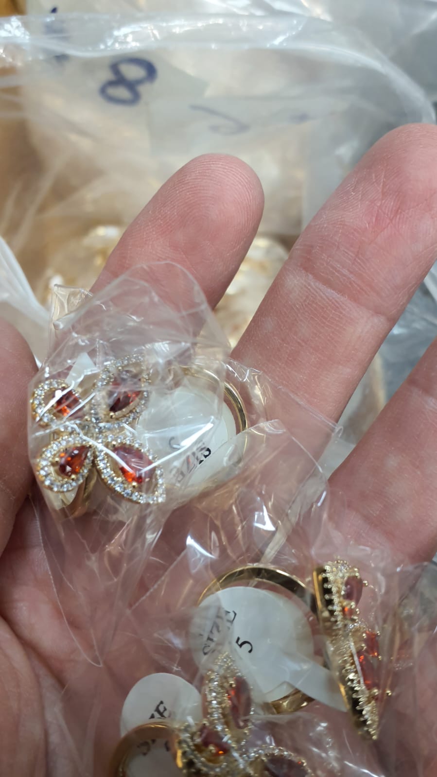 Wholesale Lot Of 50 Gold Plated Butterfly Rings - Garnet Teardrop CZ with White CZ Border - Sizes 5,6,7 And 8 - Suggested Retail Price $20.00 Each - Your Price Is Only $3.00 Each - Image 3