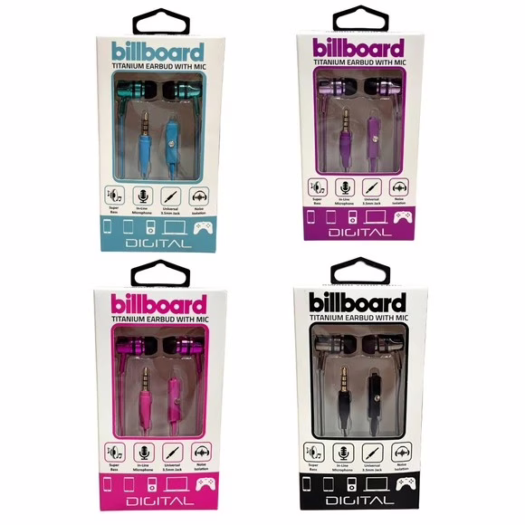 Wholesale Lot Of 100,000 Pairs Of Billboard Titanium Wired Earbuds with Mic In Assorted Colors – Your Price Is Only .75 Each – Shipping Included