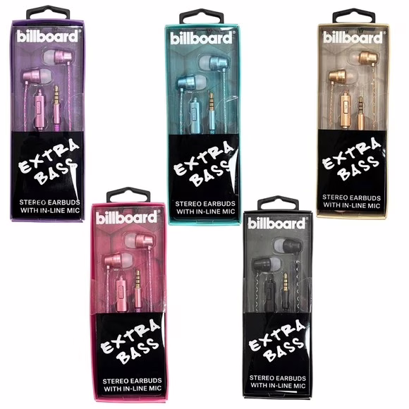 Wholesale Lot Of 25,000 Billboard Wired Extra Bass Stereo Earbuds with Mic in Assorted Colors – Your Price Is Only .75 Each – Shipping Included