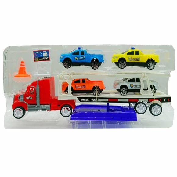 Wholesale Lot Of 240 Toy Car Carrier Trucks With Four Colorful Police Cars And Launch Ramp – Only $5.50 Each