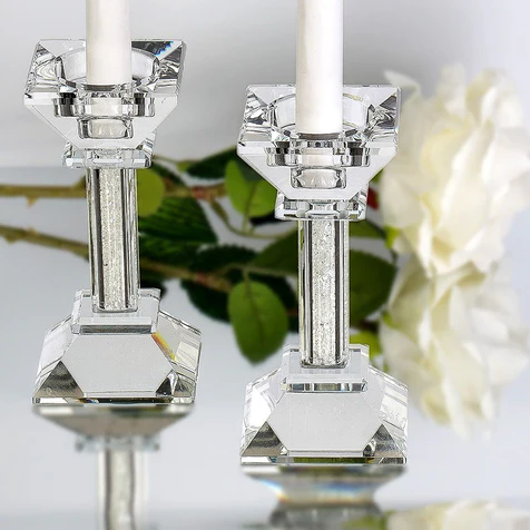 Wholesale Lot Of 1800 Crystal Candlestick Sets With Crushed Gemstones - Sizes:  5.3″ × 2.6″ × 2.6″ 6.3″ × 2.6″ × 2.6″ 8.6″ × 2.6″ Original MSRPs To $75.00 A Set - Your Price Is Only $18.00 For Each Set - Larger Quantities Available