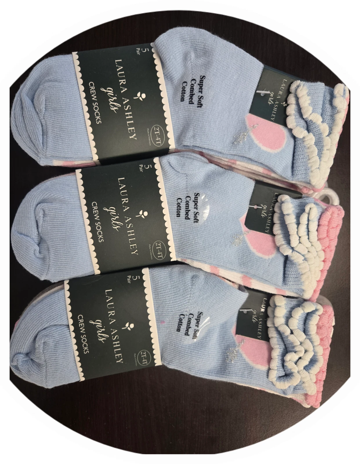 Wholesale Lot Of 100 Packs Of Laura Ashley Toddler Girl Crew Socks - Size 2T-4T - 5 Pairs In A Pack - MSRP $12 Each - Your Price Is Only $2.90 Each Pack - Free Shipping