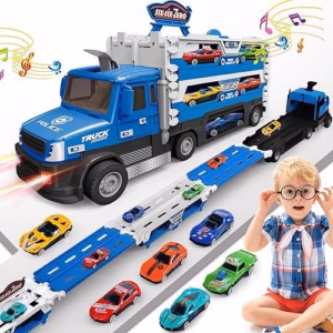 Wholesale Lot Of 130 Blue Carrier Truck Toy Sets - 4.6-FT Foldable Hauler Track - Includes 6 Metal Race Toy Cars With Light & Sounds - Estimated Original Retail Value $39.99 Per Set - Your Price $12 Each - Free Shipping