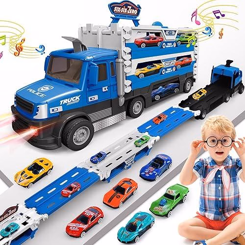 Wholesale Lot Of 130 Blue Carrier Truck Toy Sets - 4.6-FT Foldable Hauler Track - Includes 6 Metal Race Toy Cars With Light & Sounds - Estimated Original Retail Value $39.99 Per Set - Your Price $12 Each - Free Shipping