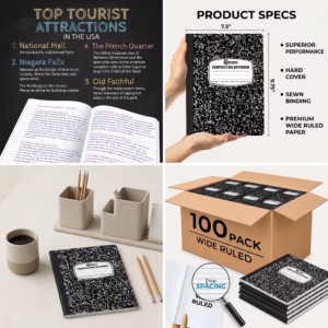 Wholesale Lot Of 5,000 Rosmonde Composition Notebooks – Wide Ruled – Black Marble Covers – 100 Sheets / 200 Pages Each
