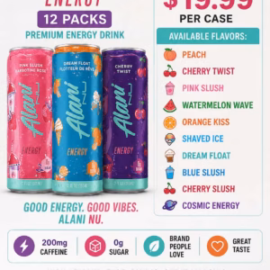 Wholesale Lot Of Alani Nu Energy Drink 12oz Cans – 12 Cans Per Case – 208 Cases Per Pallet – 200mg Caffeine – 0g Sugar – Multiple Flavors Available – Your Price Is Only $19.99 Per Case