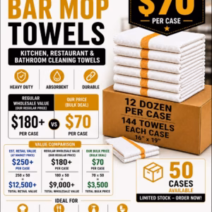Wholesale Lot Of 50 Cases (7,200 Count) 100% Cotton Bar Mop Towels 16" x 19" – Kitchen, Restaurant & Bathroom Cleaning – Suggested Retail Value $250+ Per Case – Your Price Is Only $70 Per Case