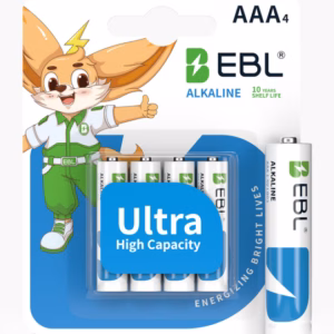 Wholesale Lot Of 20,000 EBL AAA 1.5V LR03 Alkaline Battery Packs - 1100mAh - 4-Piece Blister Battery Pack - UPC 810161760961 - Original Retail Price $3.99 Per Pack - Your Price Is Only $0.60 Per Pack